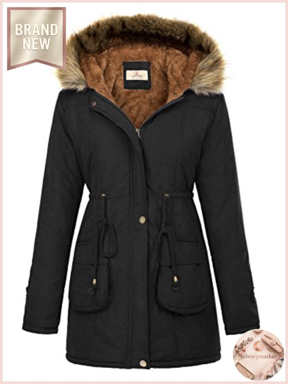 Women's Hooded Military Parka Coat with Faux Fur Trim Winter Jacket